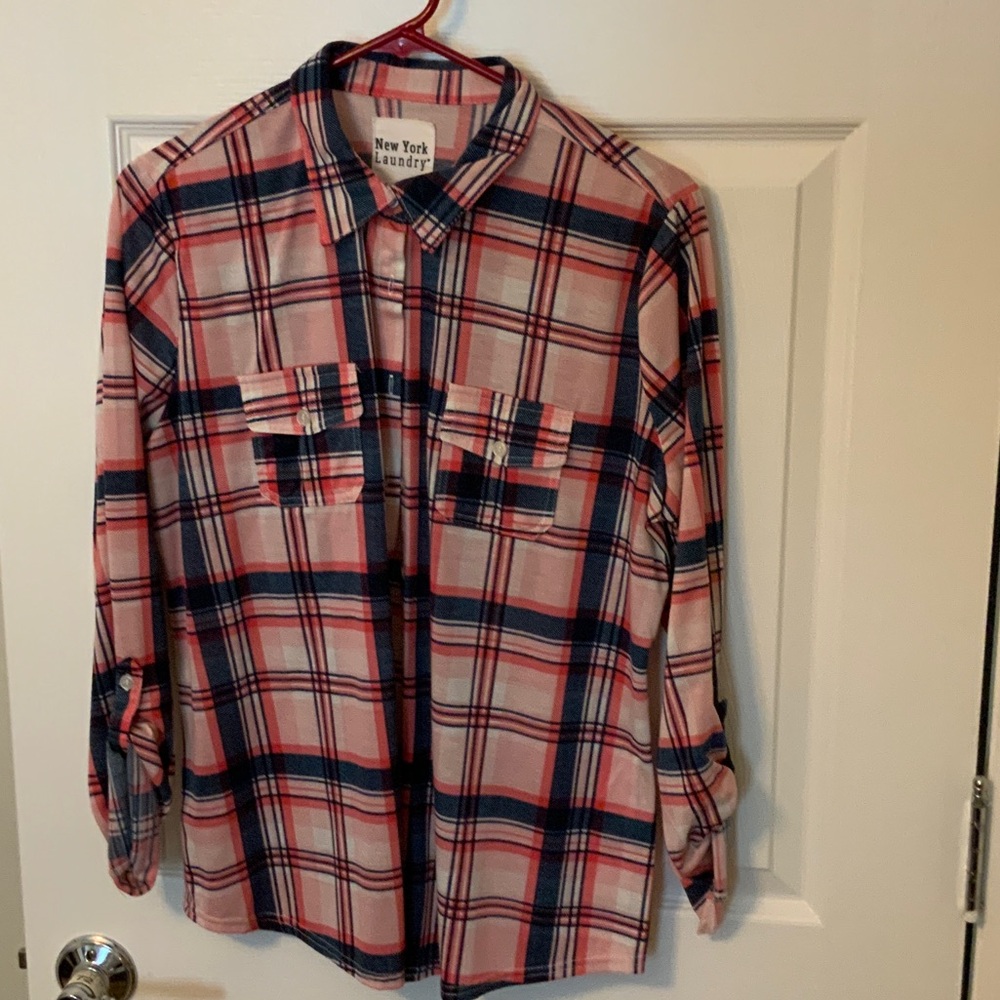 New York Laundry Women's Plaid Button Down Shirt in Red and Blue